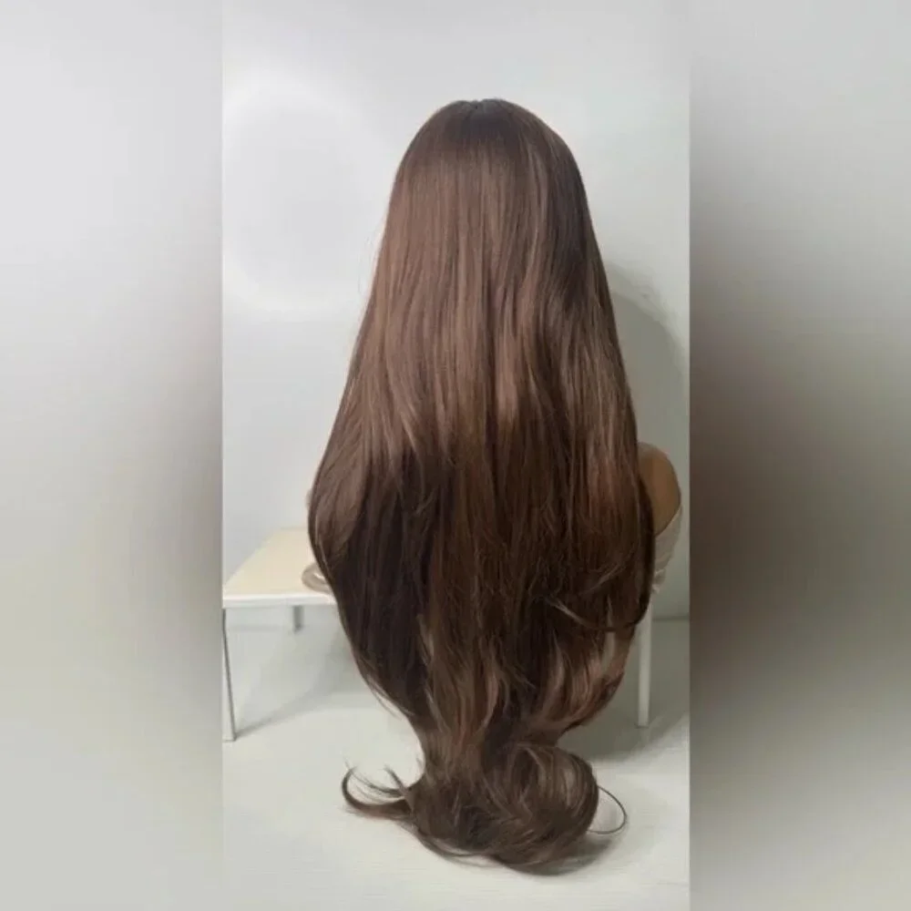 Long Chestnut Brown Synthetic Wig – Natural Brown, Curtain Bangs, Classic wig